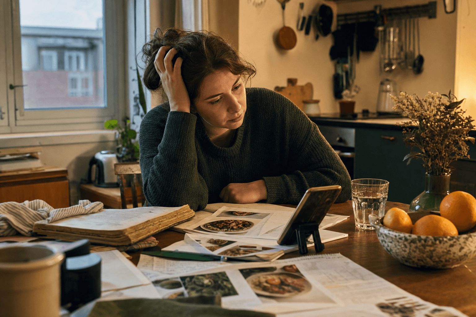 A home cook at a kitchen table surrounded by recipe printouts, a phone, and an old recipe book