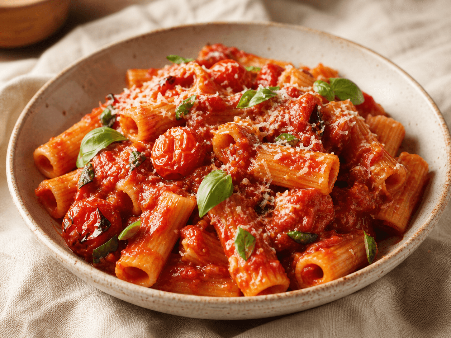 A finished bowl of smoky tomato pasta ready for dinner