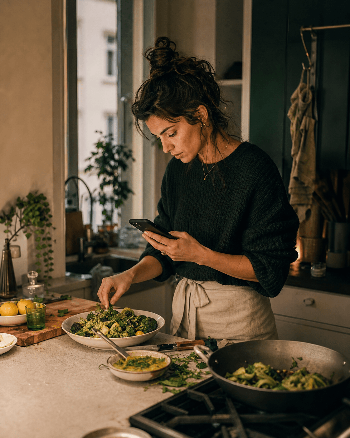Anna cooking with a phone in a warm kitchen